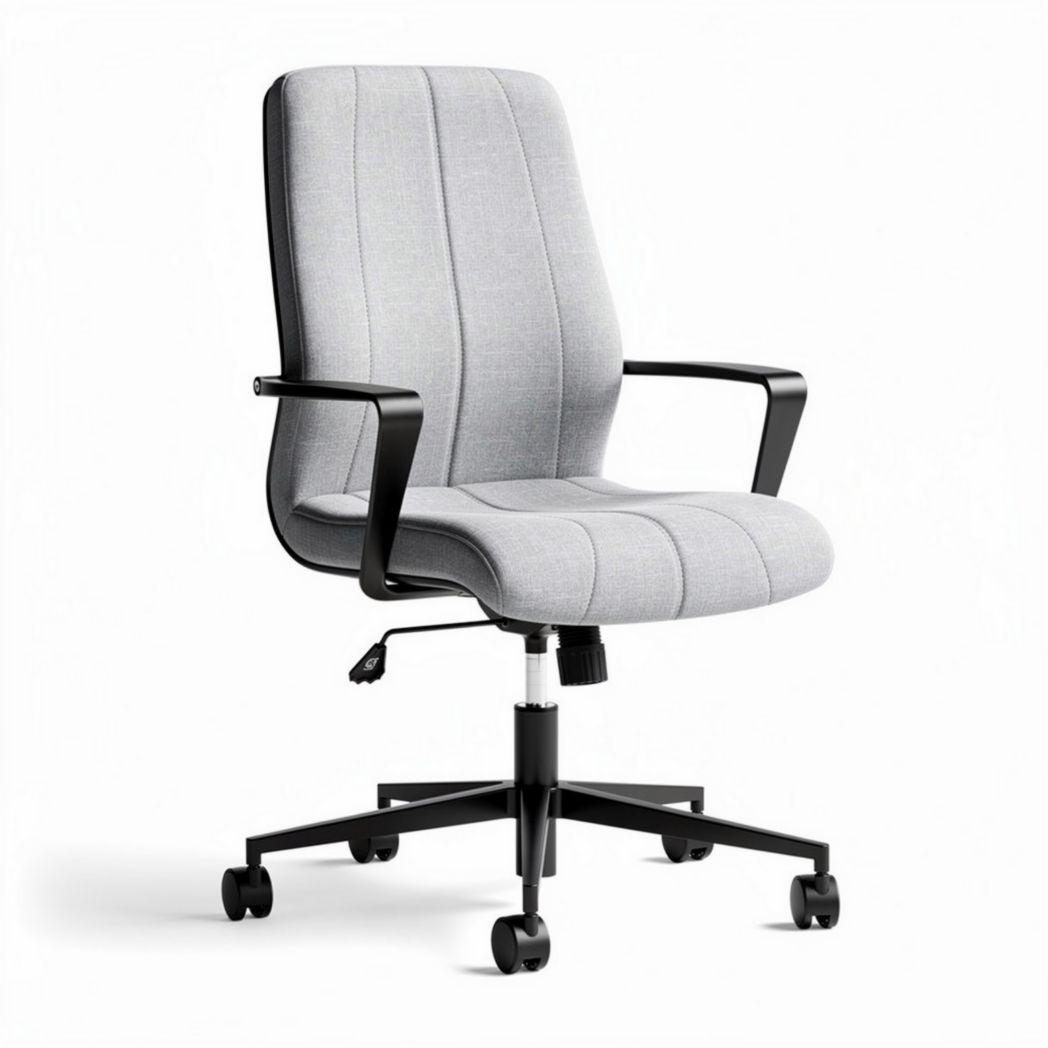 Gray upholstered office chair with adjustable height and swivel base