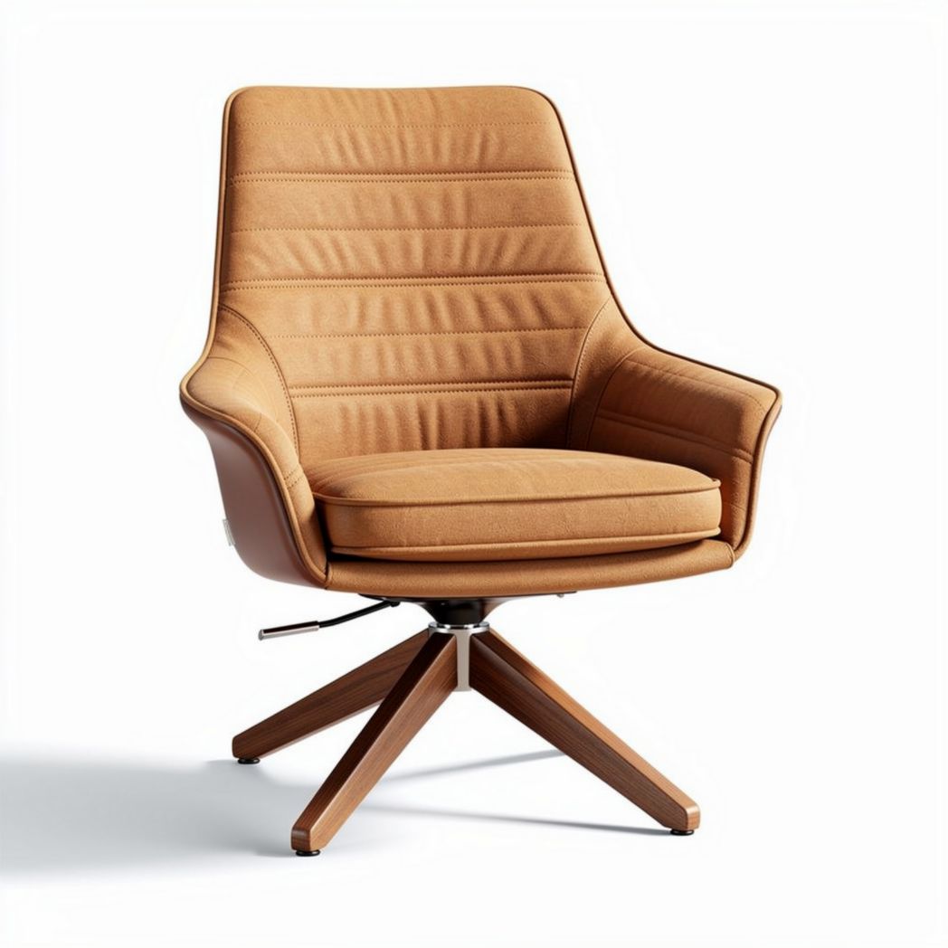 Swivel lounge chair with fabric upholstery and wooden base in tan color