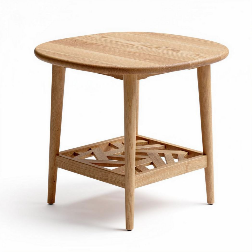 Round wooden side table with open storage shelf natural finish 45 x 45 x 50cm