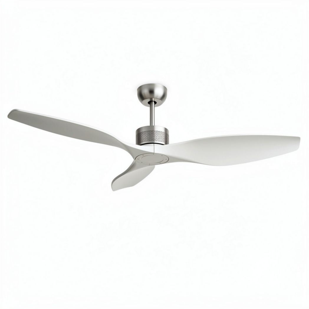 Ceiling fan with three blades in white finish and brushed nickel accents