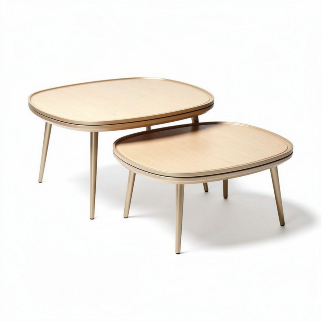 Nest of two wooden coffee tables in natural finish with rounded edges
