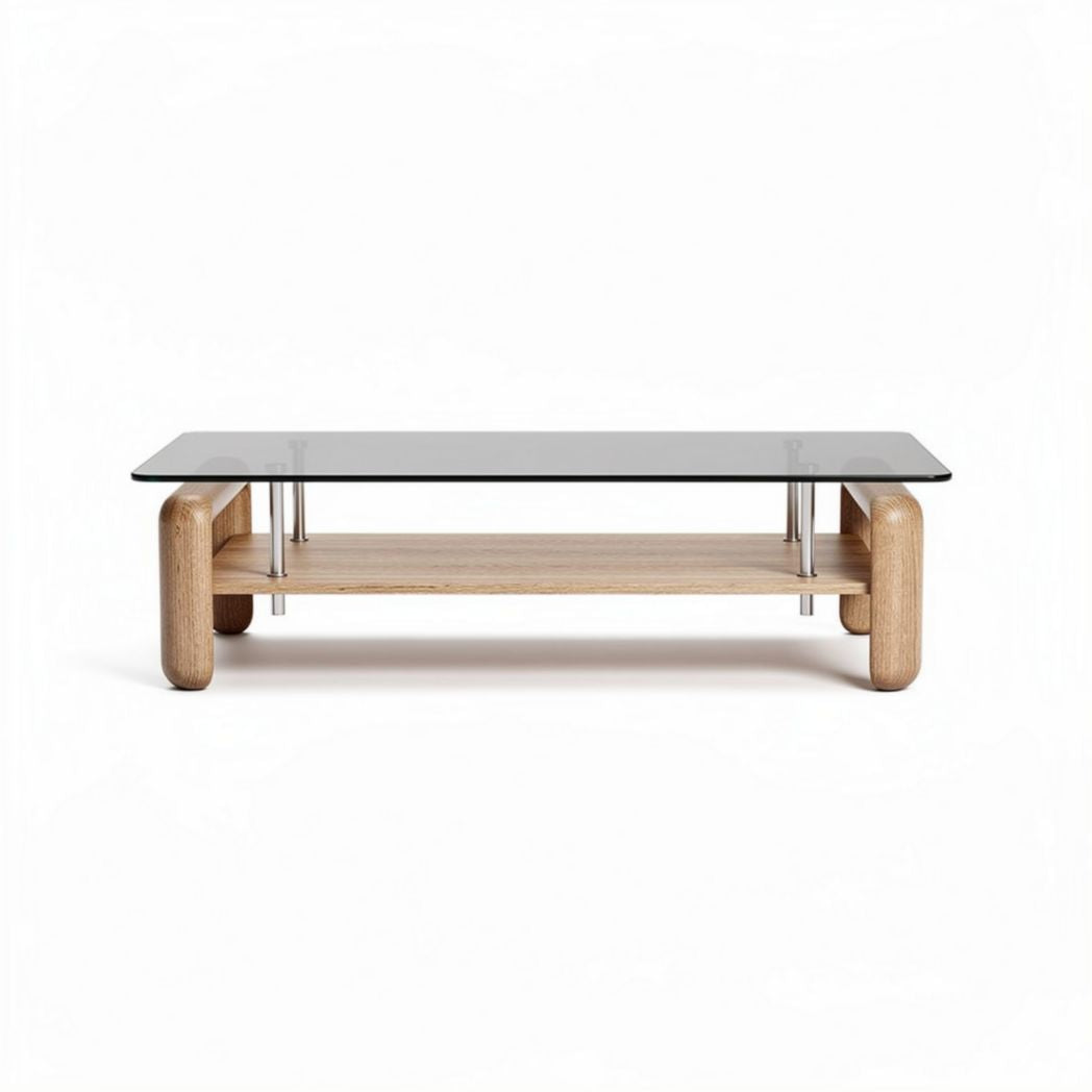 Wooden coffee table with glass top and storage shelf 120 x 60 x 40cm