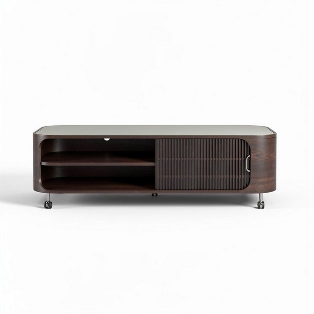 Wooden media console with open shelving and sliding door 120 x 40 x 45cm