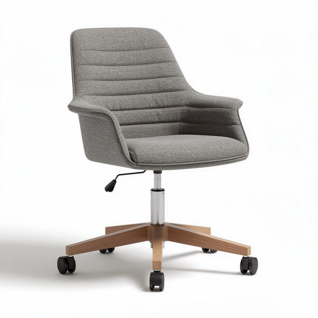 Adjustable gray fabric office chair with wooden base and caster wheels 55 x 55 x 85cm